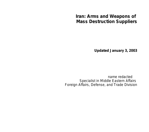 Iran: Arms and Weapons of Mass Destruction Suppliers